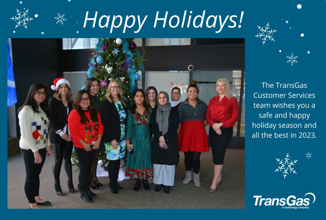 11 people from the TransGas Customer Services team smile and stand in front of a Christmas tree.