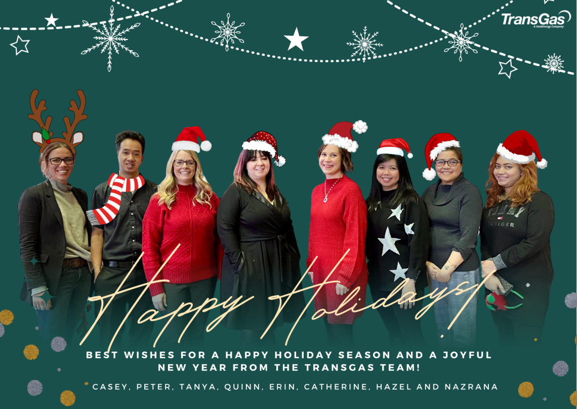 Eight people lined up, against green background. Cartoon images of reindeer ears or Santa hats decorate each person. Overlaid text spells a holiday greeting.